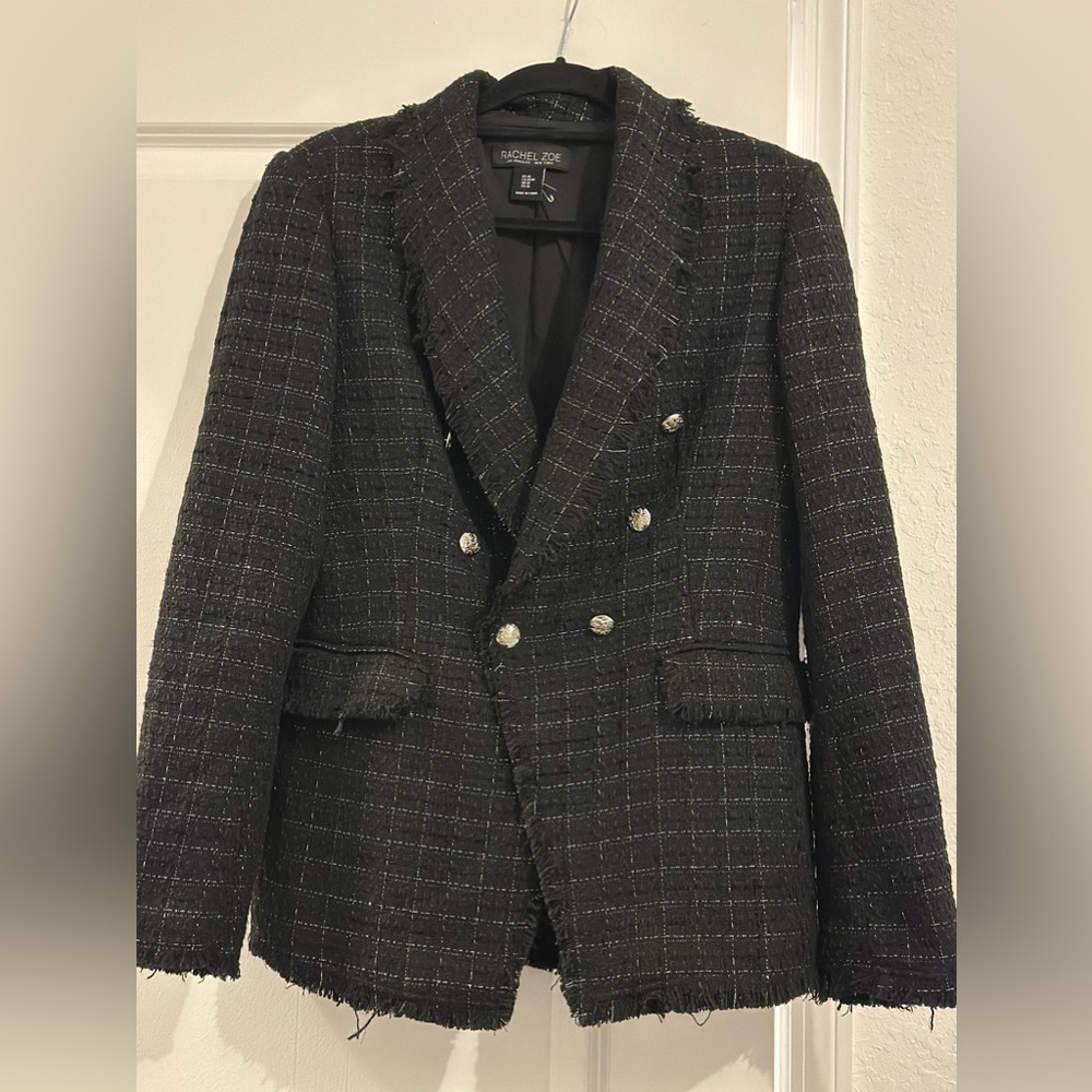 NWOT black tweed double breasted frayed blazer with silver thread
